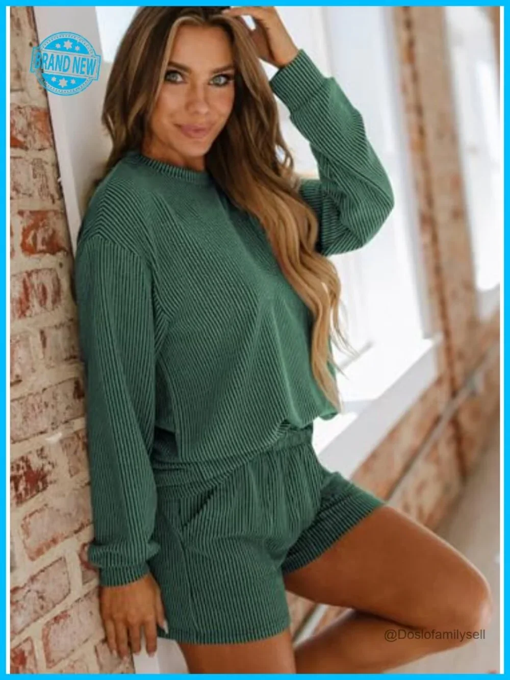 Ribbed Knit Long Sleeve Top and Shorts Matching Lounge Set with Pockets